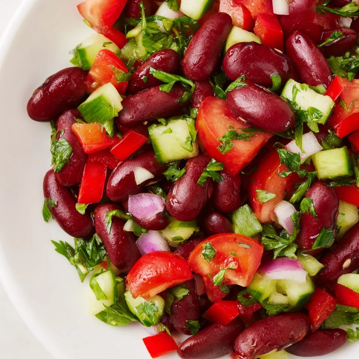 Colorful kidney bean salad in a white bowl with diced bell peppers and fresh parsley