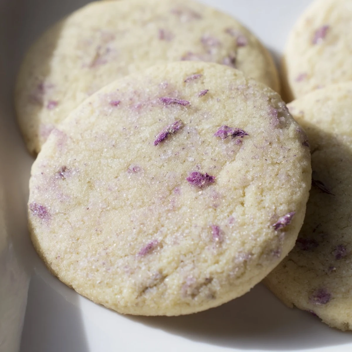 Soft lilac sugar cookies with delicate purple flecks on a rustic white serving plate