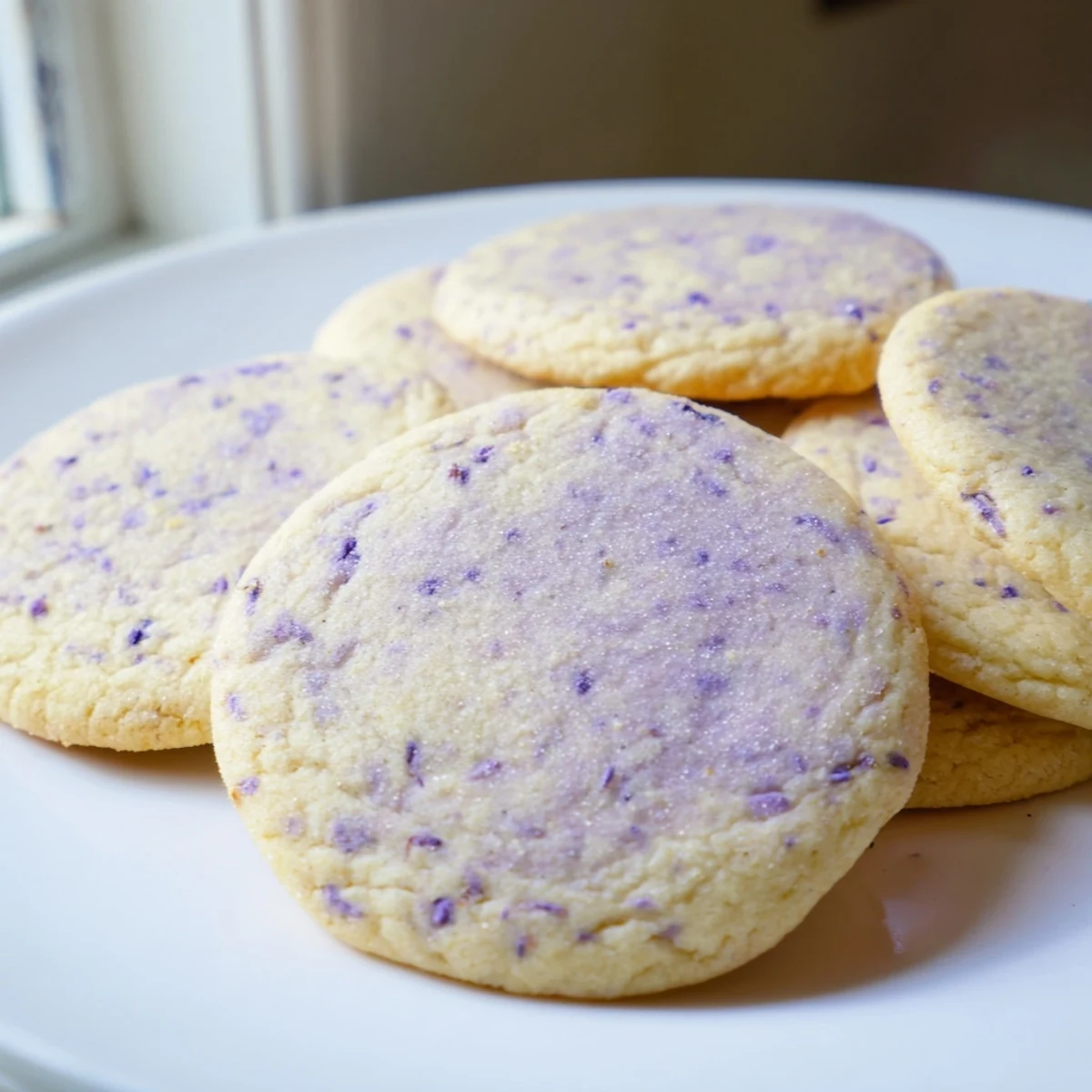 Buttery lilac sugar cookies fresh from the oven with lightly golden brown edges