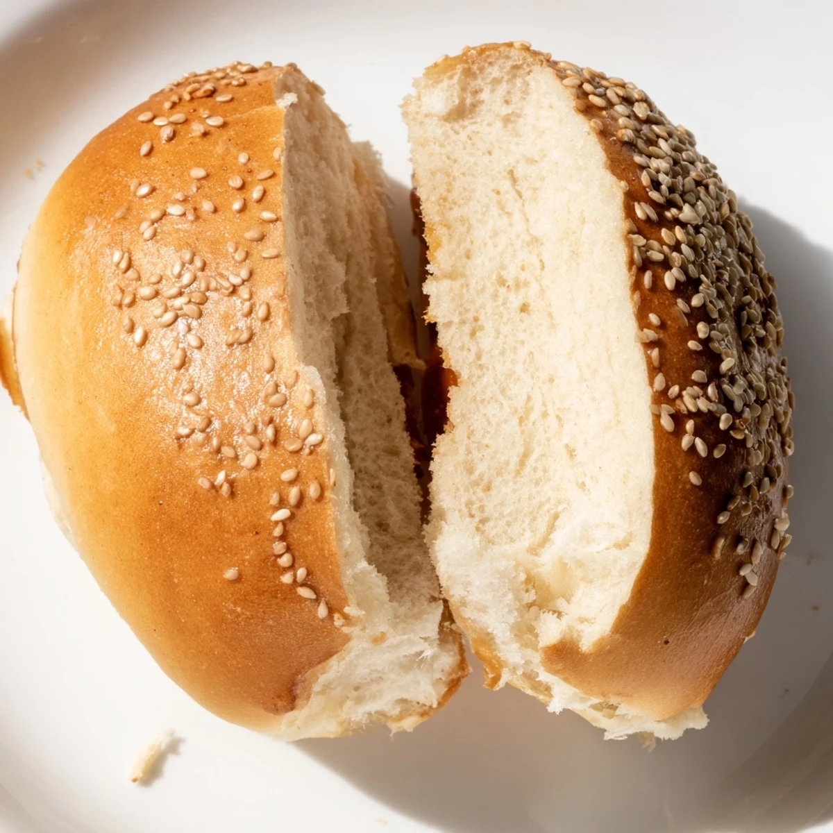 Golden sourdough discard hot dog buns fresh from the oven with sesame seed topping