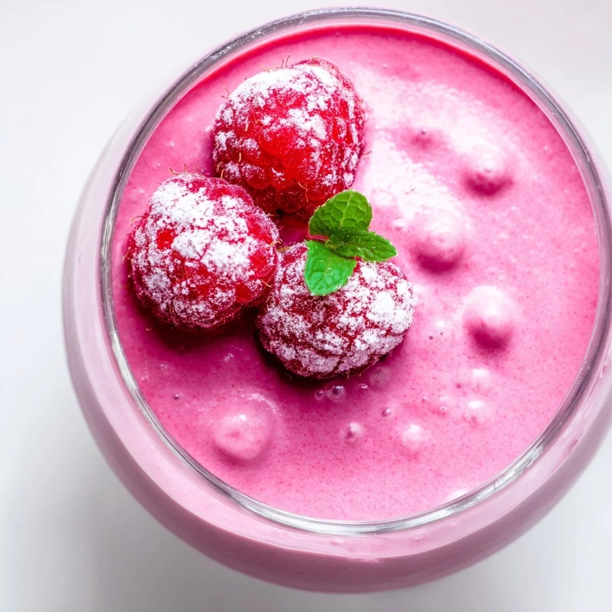 Fluffy raspberry cloud mousse in glass cups topped with fresh berries and mint leaves