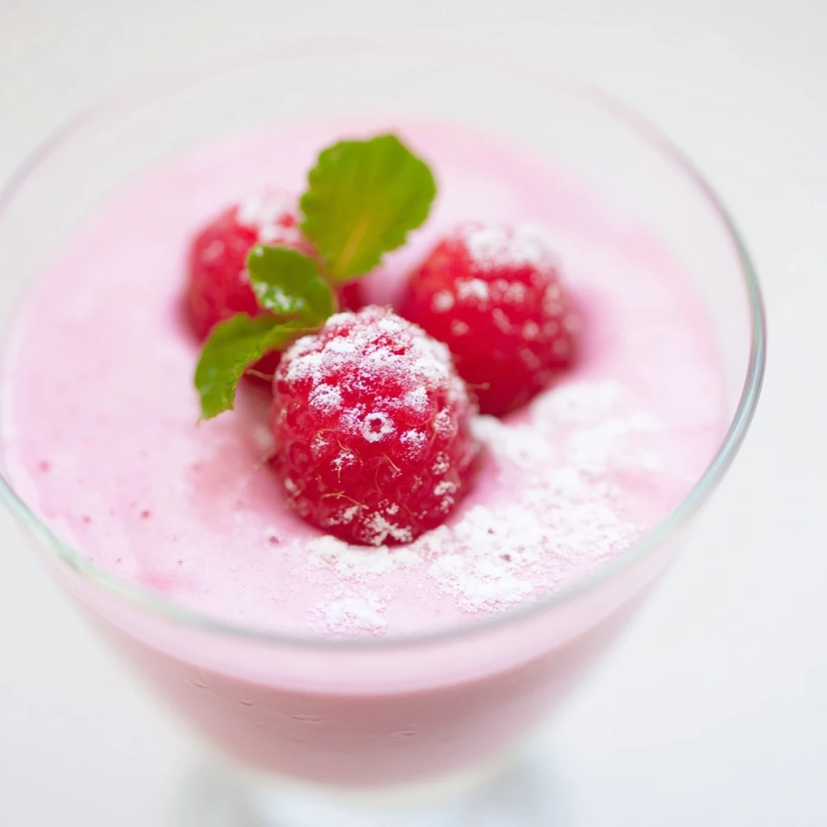 Silky pink raspberry cloud mousse dessert with airy whipped texture served in elegant glasses
