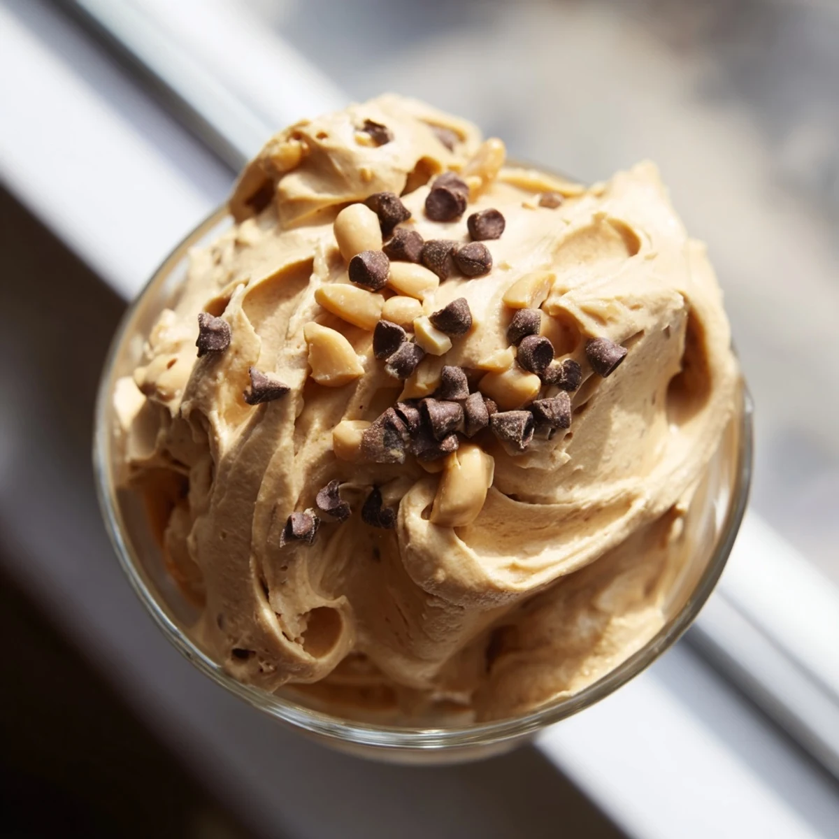 Light and fluffy peanut butter and Cool Whip mousse with chopped peanut garnish