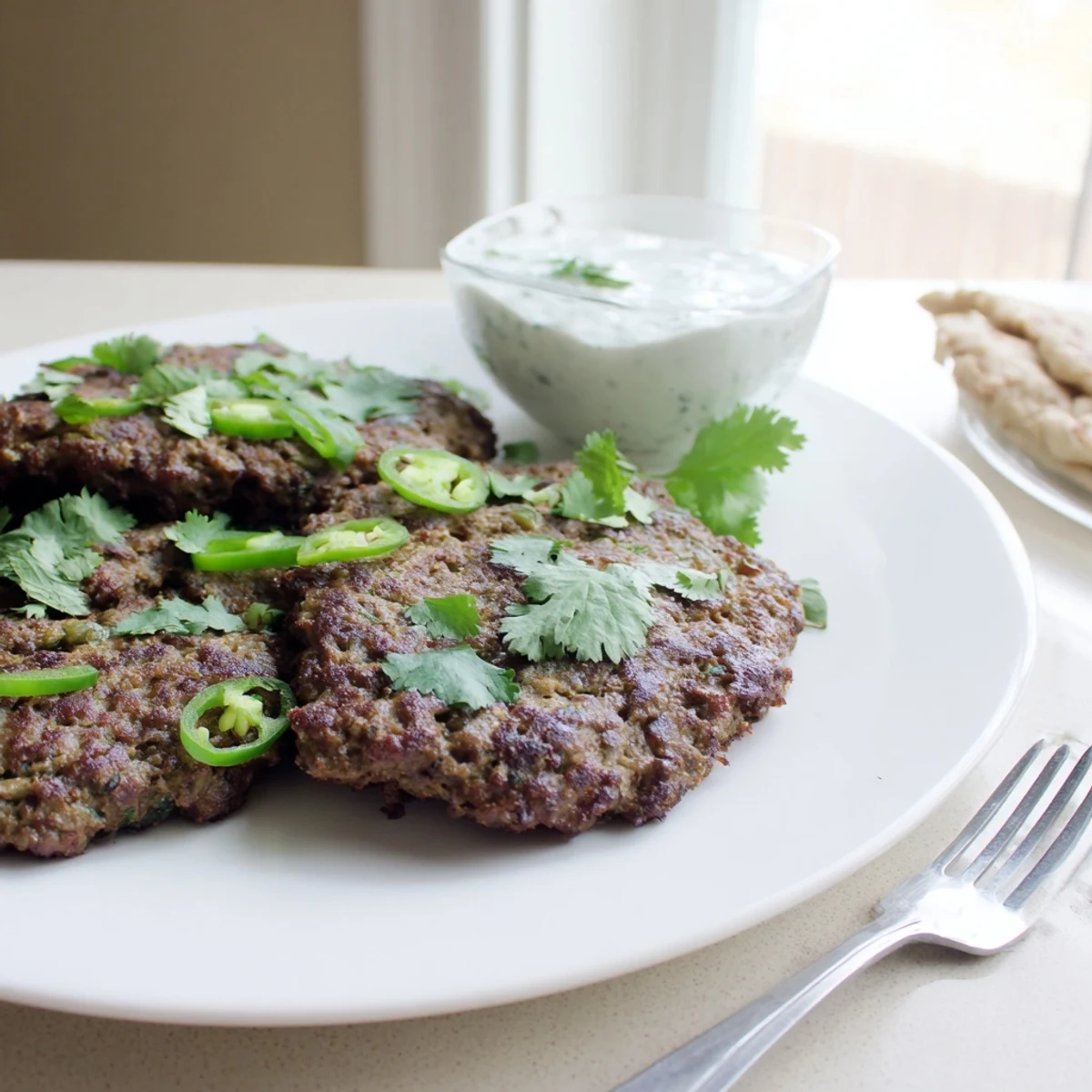 Perfectly cooked Pakistani Chapli Kabab served on a platter with fresh mint chutney