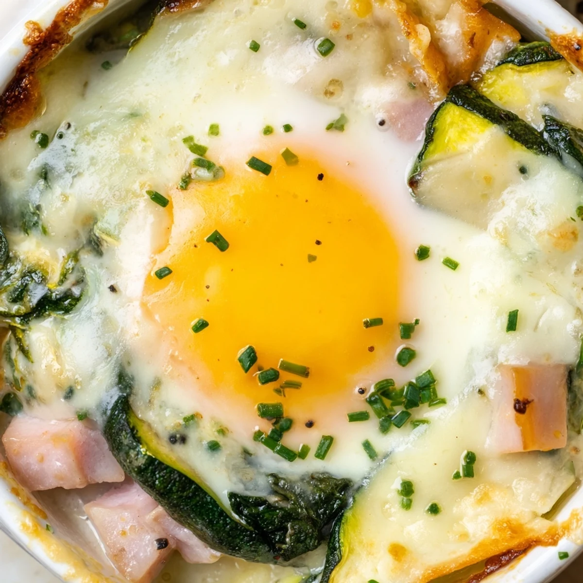 Golden Baked Eggs Napoleon with runny yolks nestled in creamy Gruyère sauce and layered vegetables
