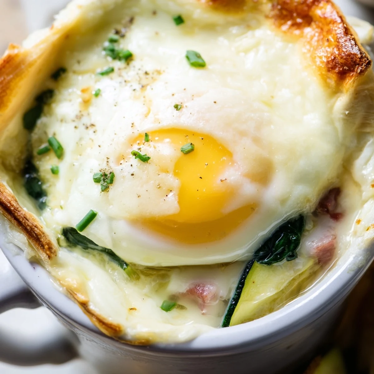 Layered ham spinach and tomato topped with baked eggs in individual ramekins for brunch