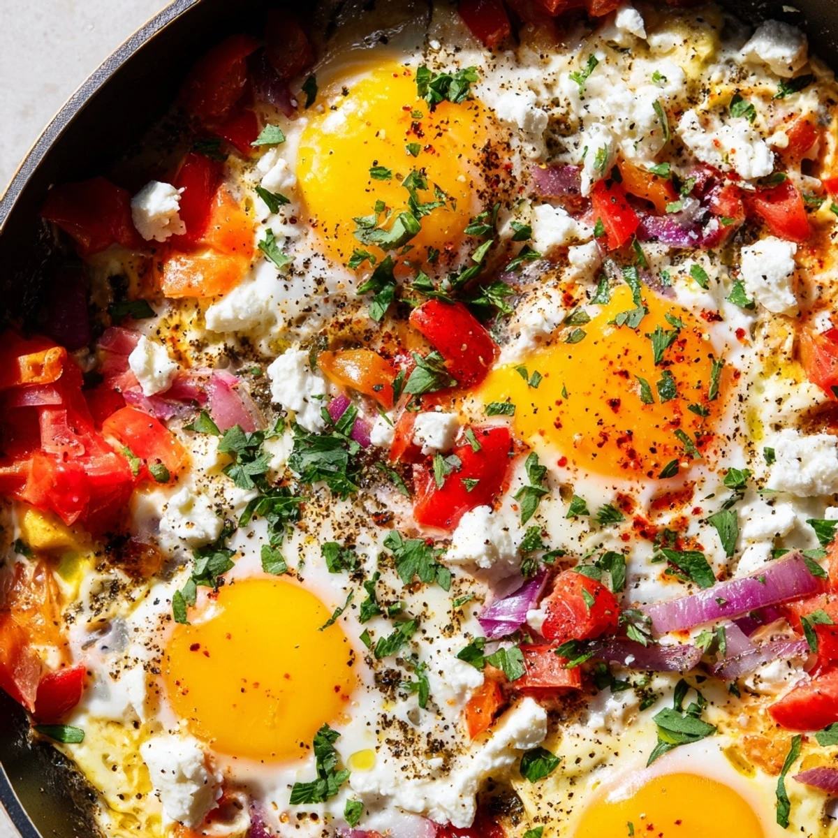 Creamy baked feta eggs with roasted vegetables in a rustic cast iron skillet