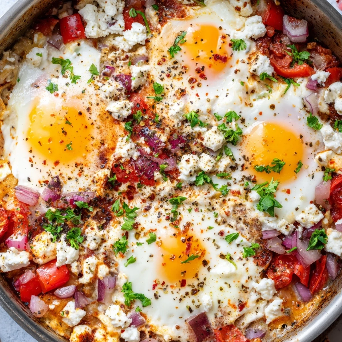 Golden egg yolks nestled in savory baked feta cheese with Mediterranean herbs