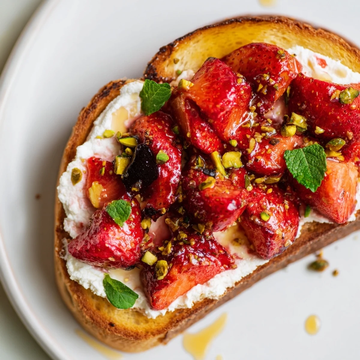 Creamy whipped ricotta spread on crispy toast topped with sweet roasted strawberries and fresh mint