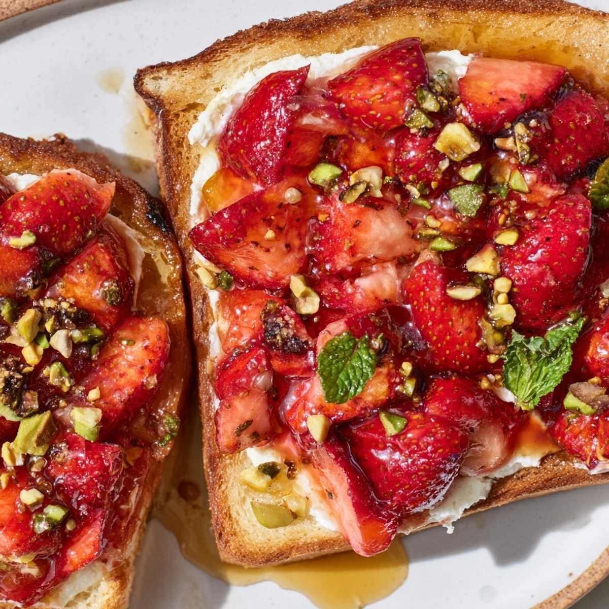 Golden sourdough bread layered with fluffy whipped ricotta and juicy oven-roasted strawberry topping