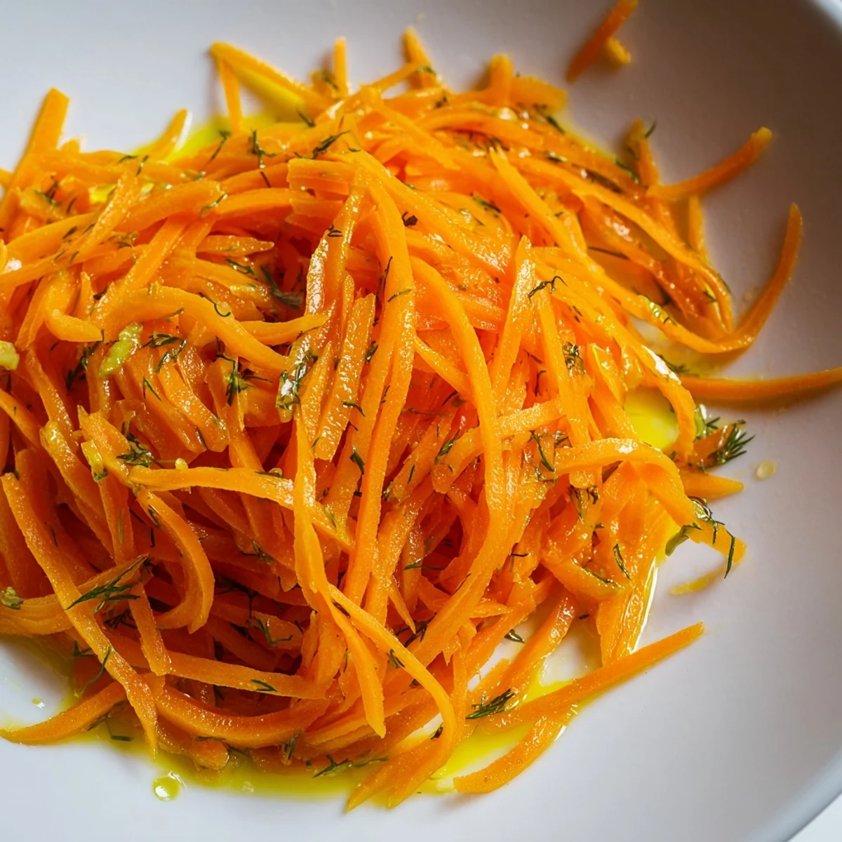 Crisp julienned carrots glistening with zesty lemon herb dressing in Marinated Lemon Dill Carrot Salad