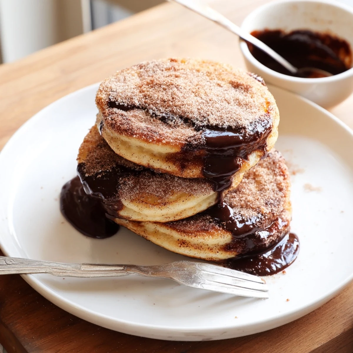 Golden Spanish churro pancakes stacked high with rich chocolate sauce drizzled over cinnamon sugar coating