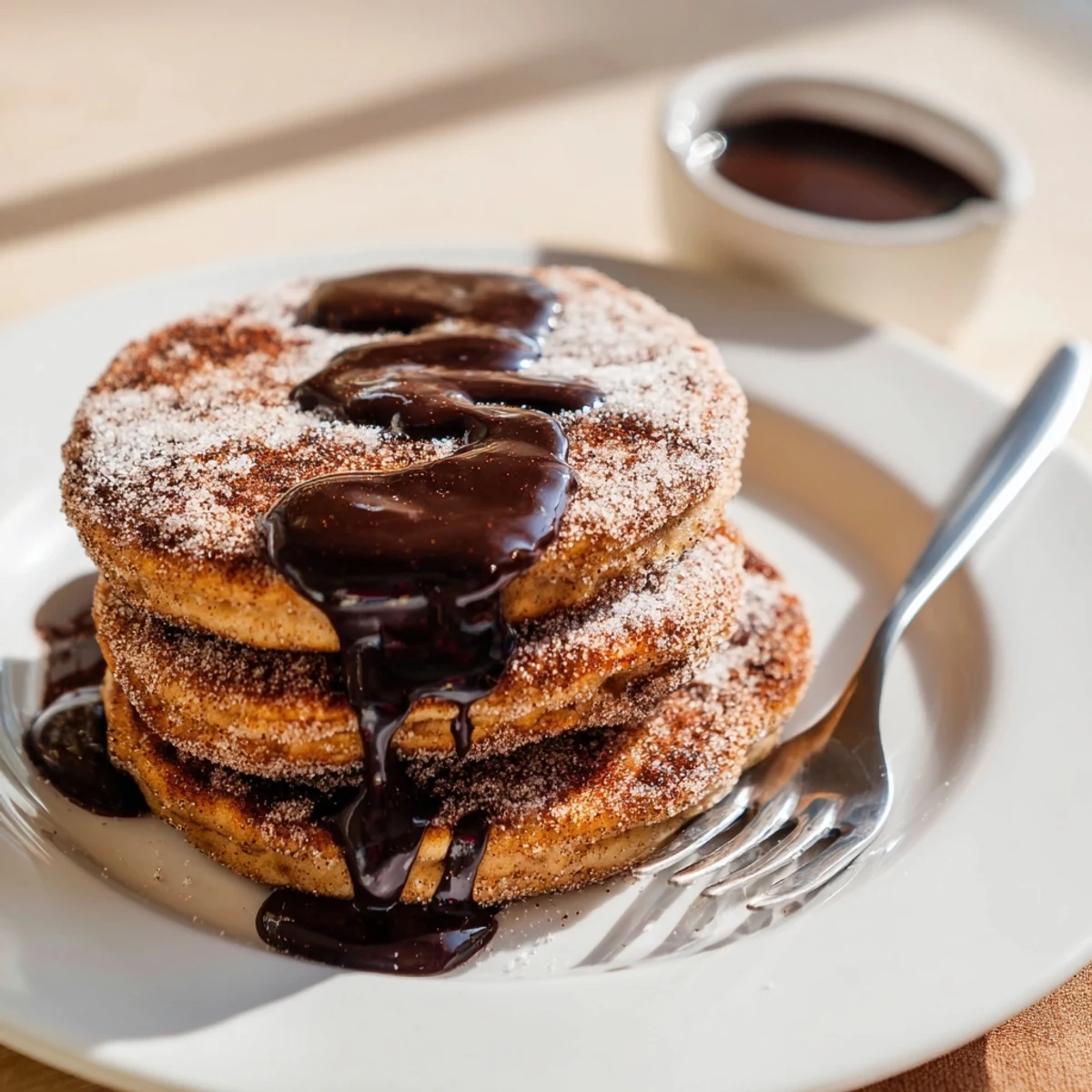 Fluffy Spanish churro pancakes dusted with warm cinnamon sugar served with smooth dark chocolate dipping sauce