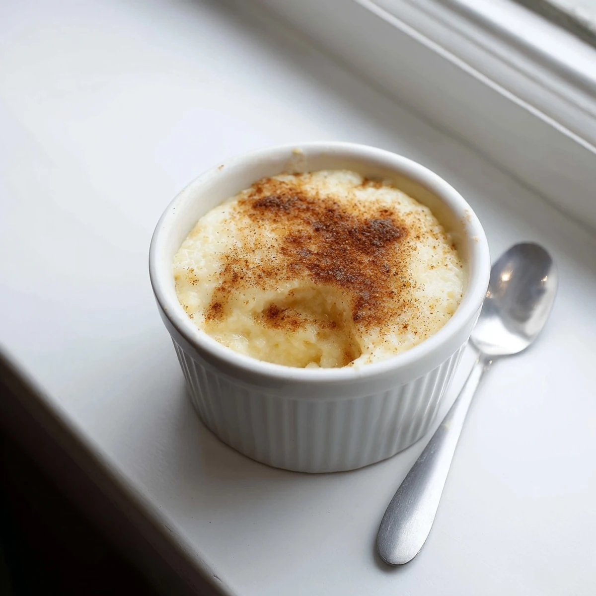 Creamy Portuguese rice custard in white ramekins topped with golden cinnamon sugar