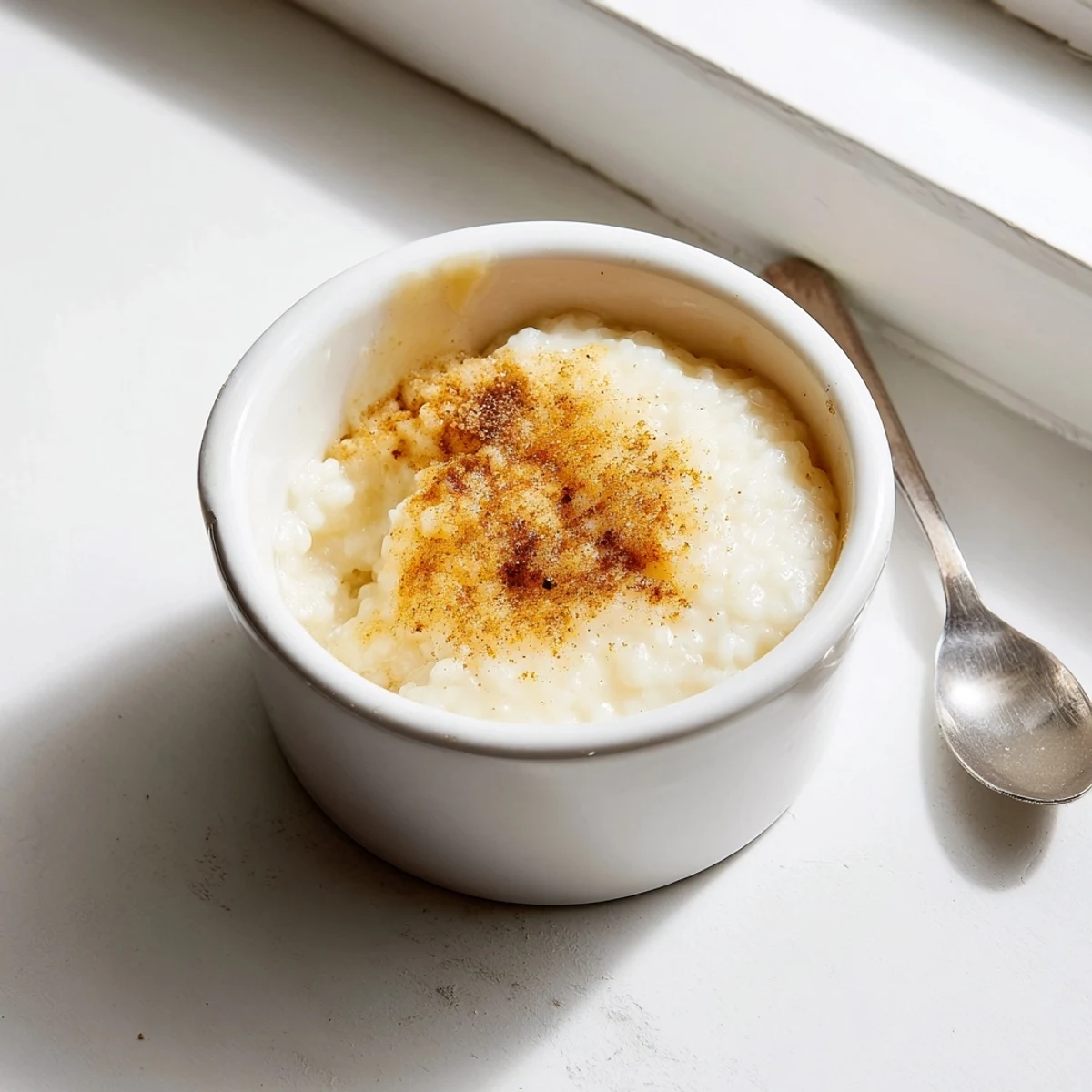 Silky Portuguese rice custard with a speckled cinnamon topping served warm in small dishes
