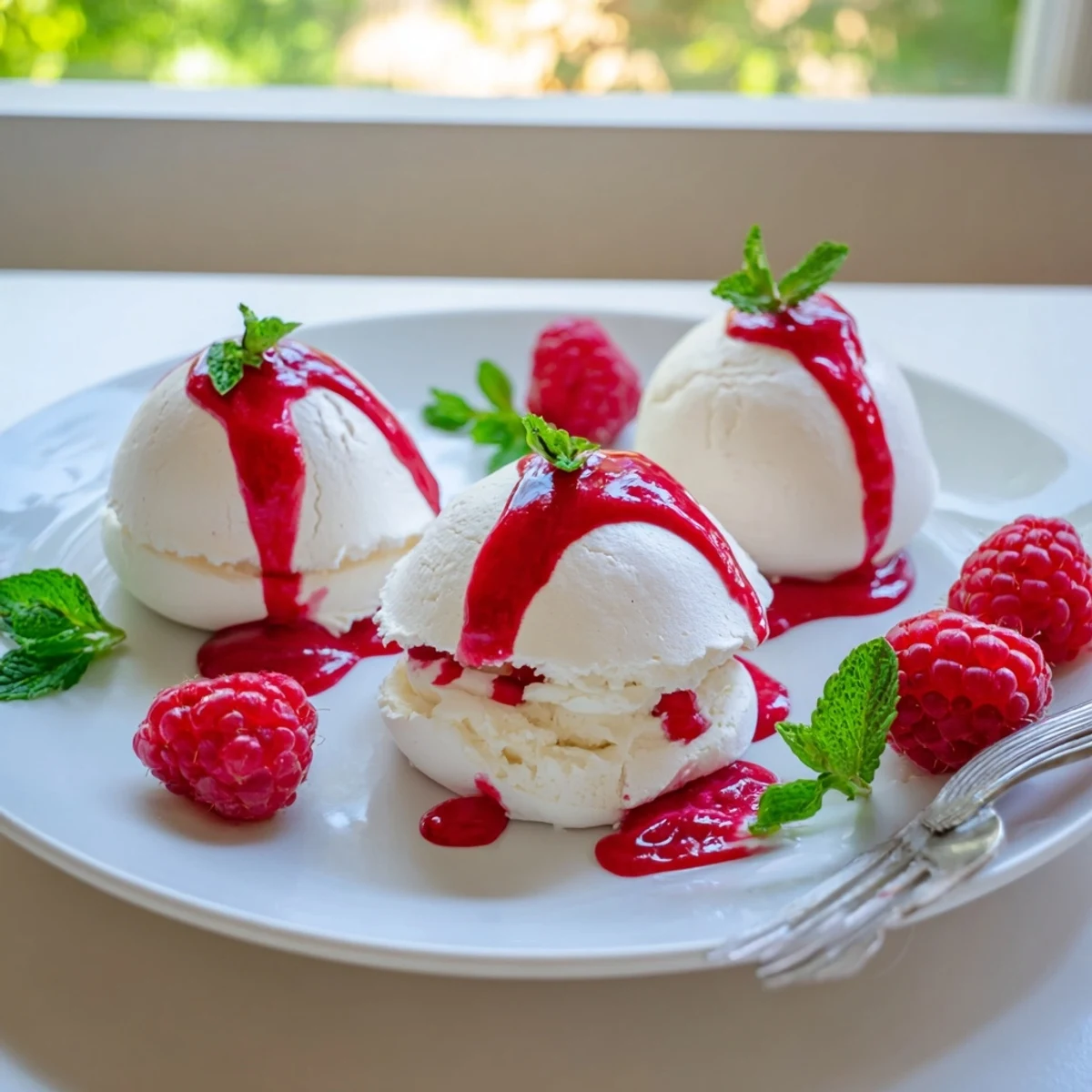 Crisp Pavlova Bombs filled with whipped cream and drizzled with vibrant raspberry coulis on a white plate