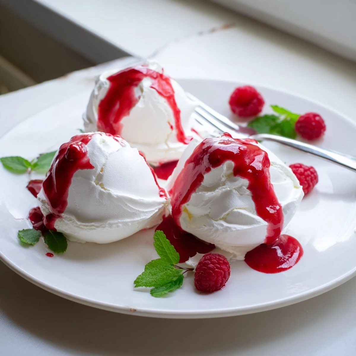 Golden meringue Pavlova Bombs topped with billowy cream and glossy red raspberry sauce for elegant entertaining