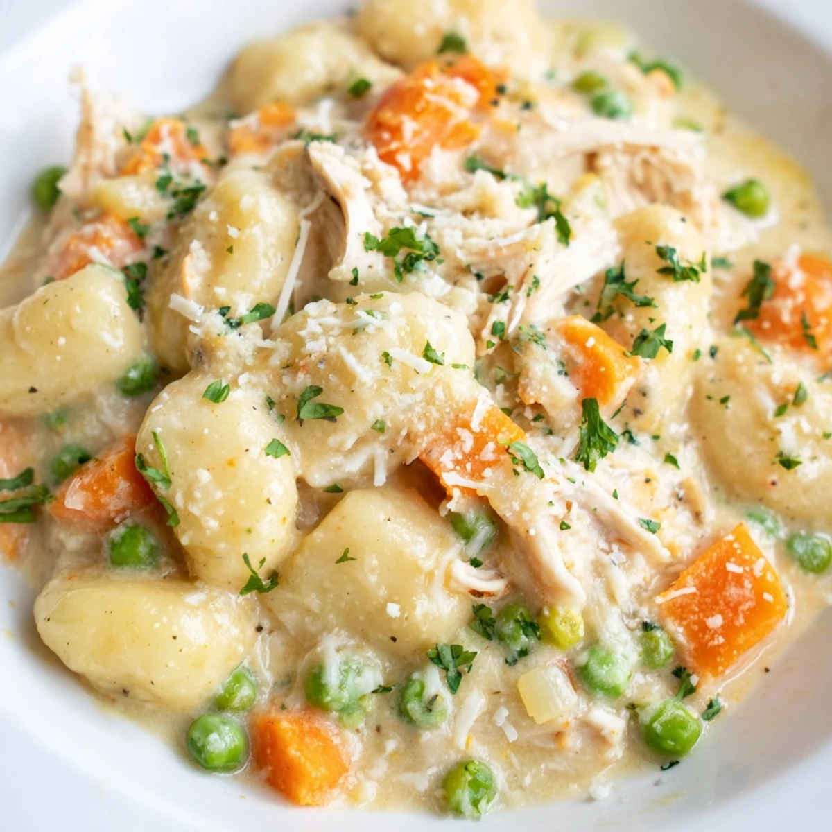 Creamy One Pot Gnocchi Chicken Pot Pie with tender vegetables in a golden, savory sauce served in a rustic skillet