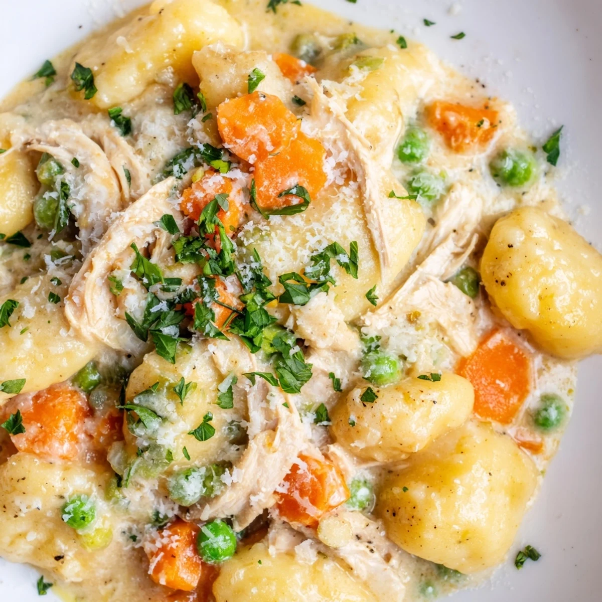 One Pot Gnocchi Chicken Pot Pie featuring pillowy potato dumplings and shredded chicken in a rich, creamy sauce