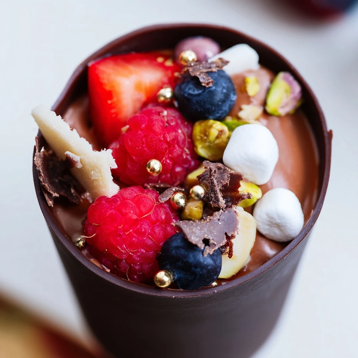 Elegant chocolate grazing cups filled with silky mousse and topped with fresh berries and nuts