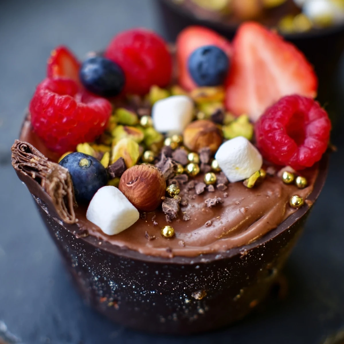 Decadent chocolate grazing cups with glossy mousse, colorful berries, and crunchy indulgent toppings