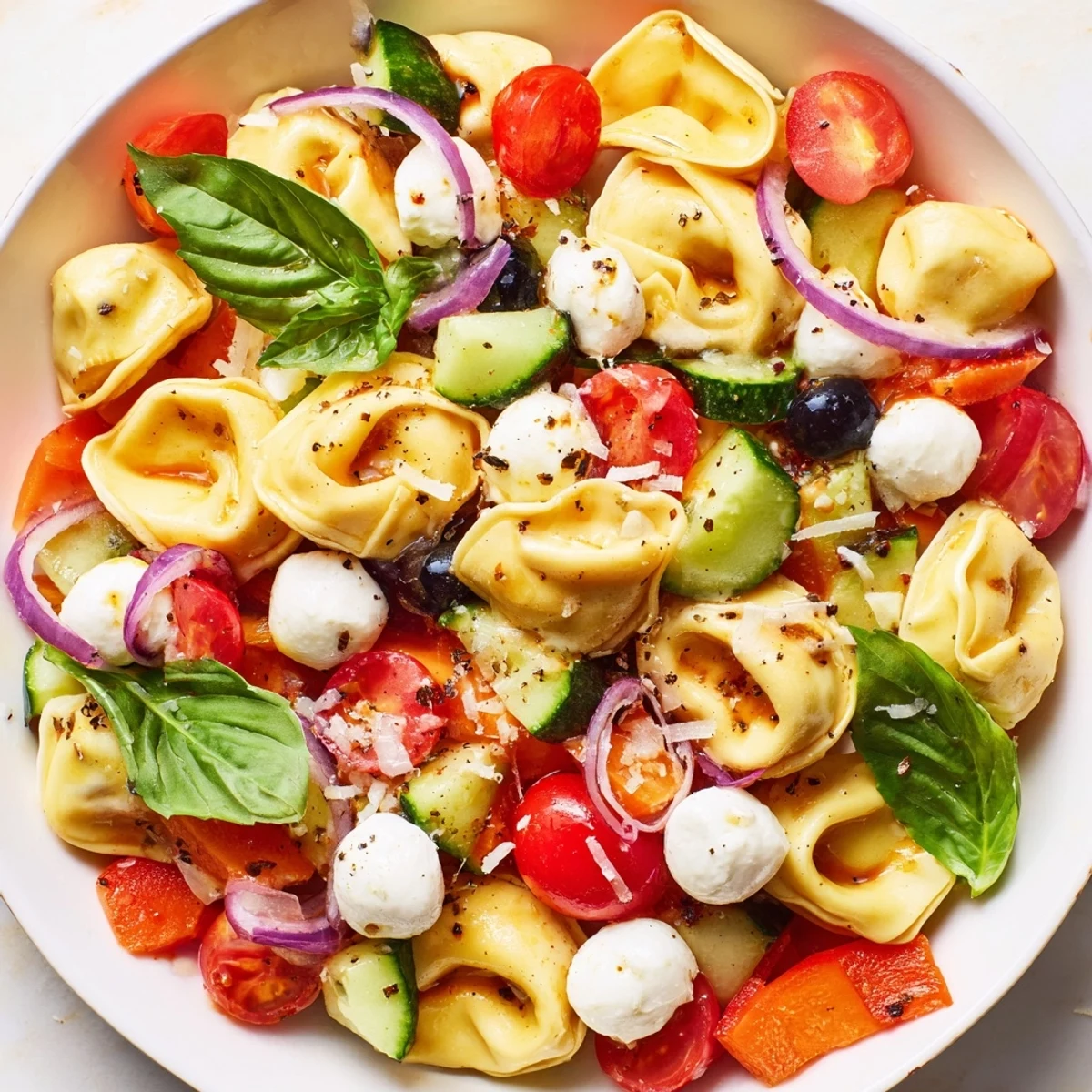 Colorful tortellini salad with cherry tomatoes, cucumber, and mozzarella tossed in zesty Italian dressing
