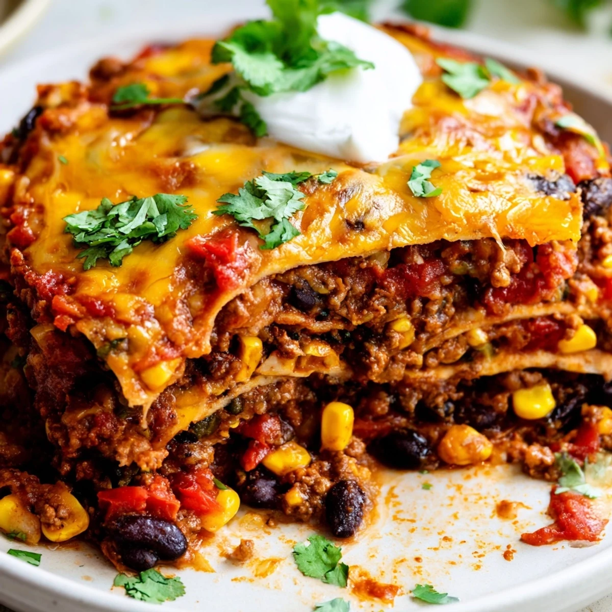 Golden bubbly Mexican lasagna with layers of seasoned beef and melted cheese in baking dish