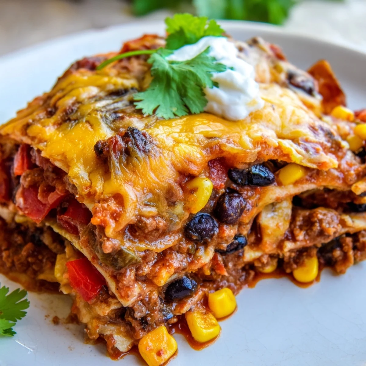 Mexican lasagna layered with tortillas spicy ground beef beans corn and gooey melted cheese