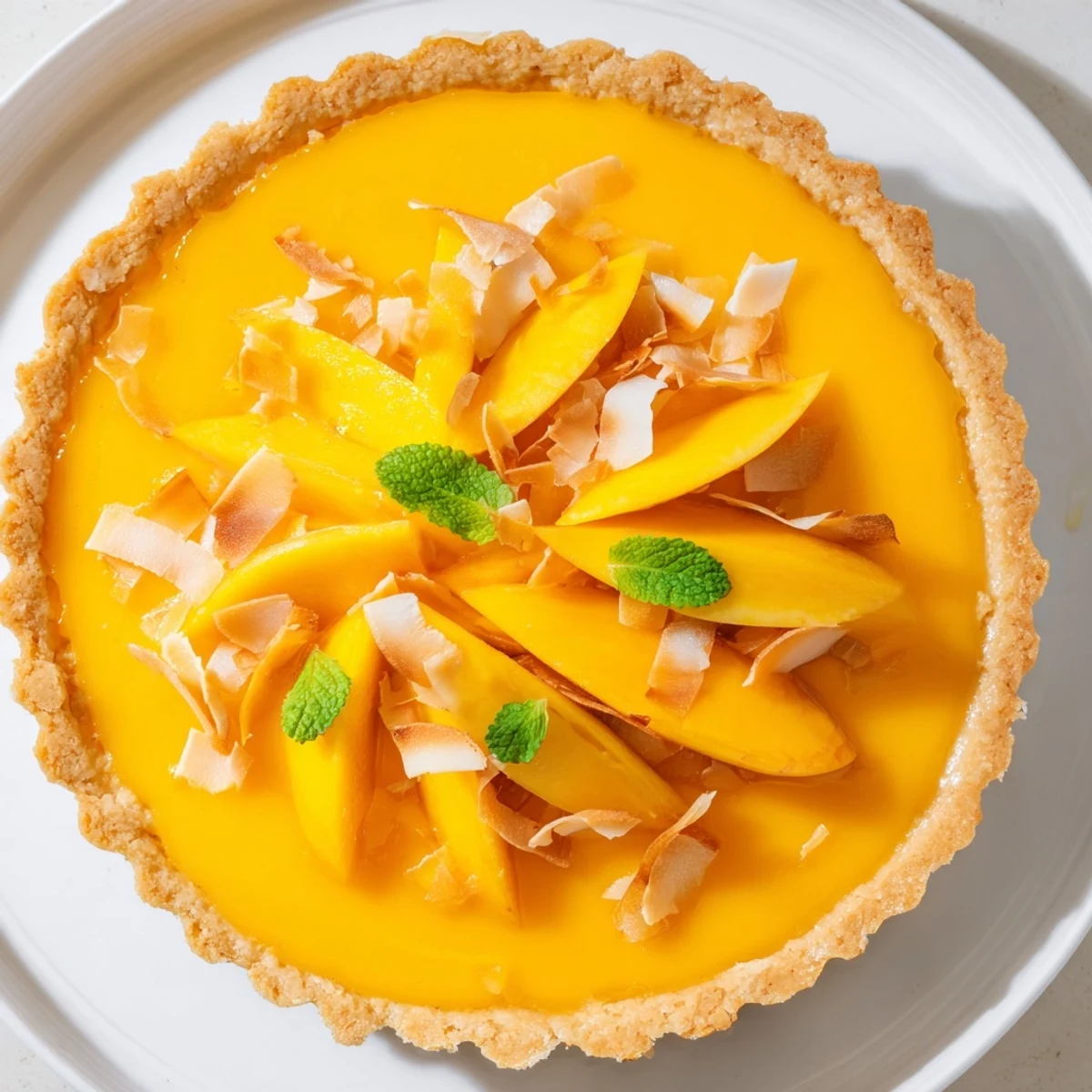 Golden mango curd tart with fresh mango slices, toasted coconut, and mint garnish
