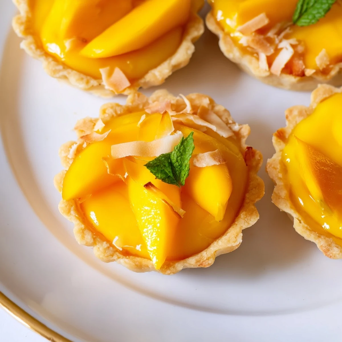 Creamy mango curd tart in a buttery golden crust topped with tropical fruit