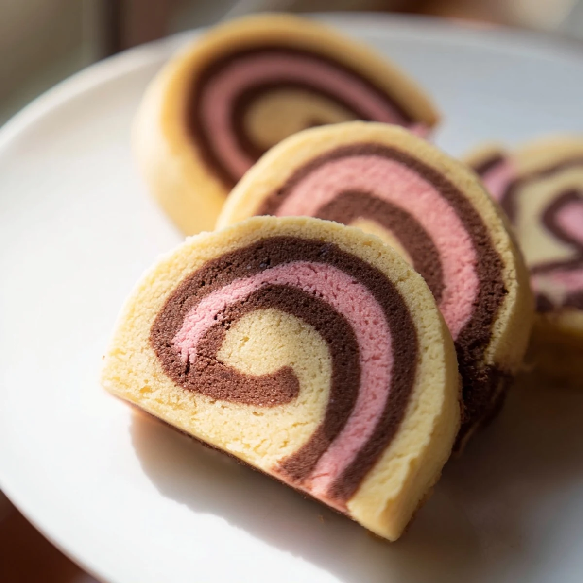 Colorful Neapolitan Swirl Cookies with pink, brown, and cream spirals arranged on a rustic white plate
