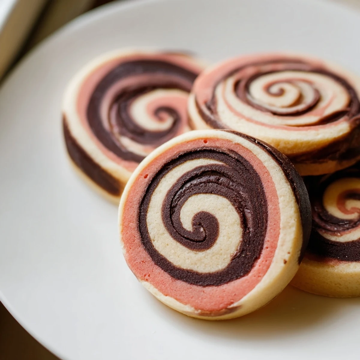 Slice of Neapolitan Swirl Cookie showing tight chocolate, vanilla, and strawberry pinwheel layers