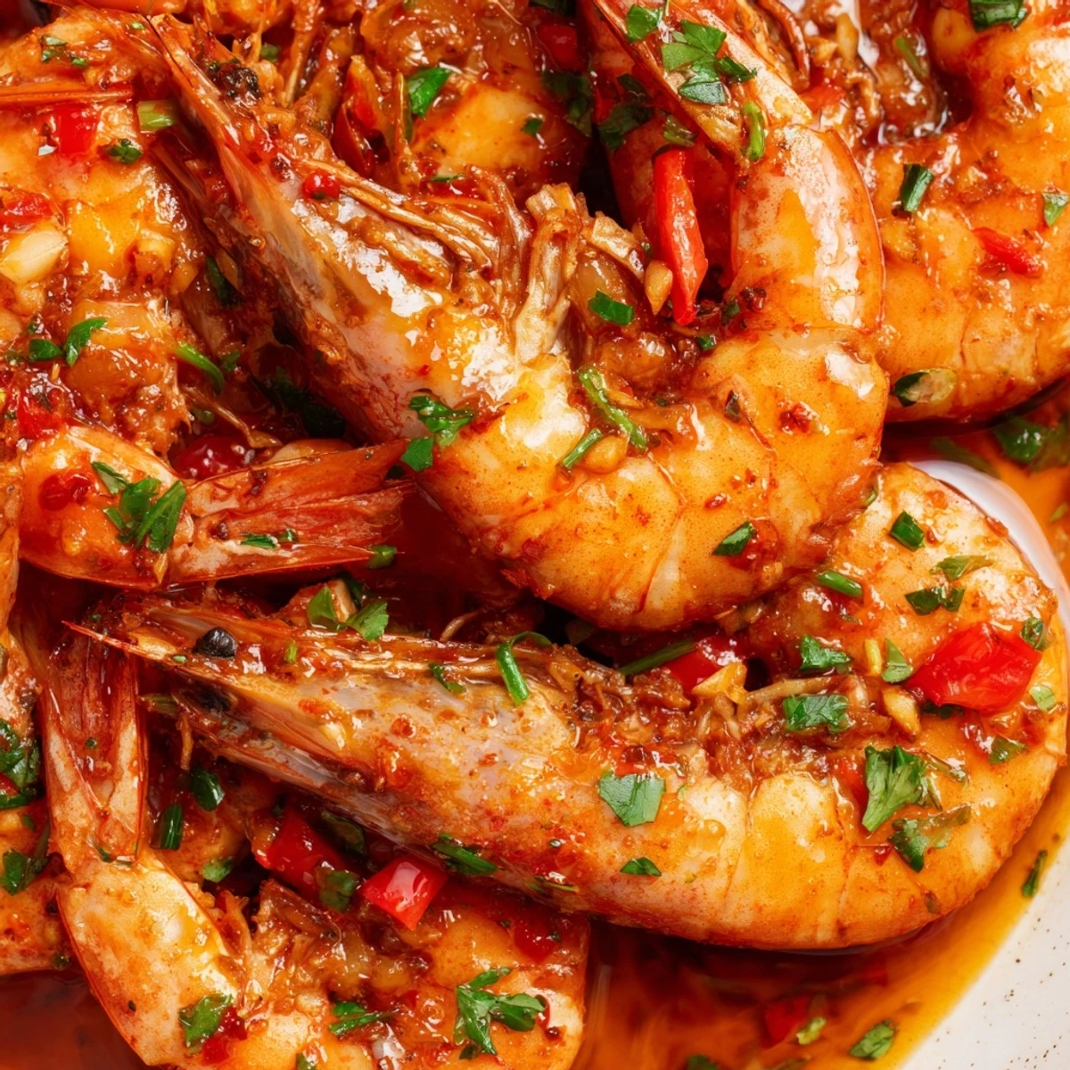 Sizzling garlic paprika shrimp skillet with pink succulent shrimp in smoky spiced oil