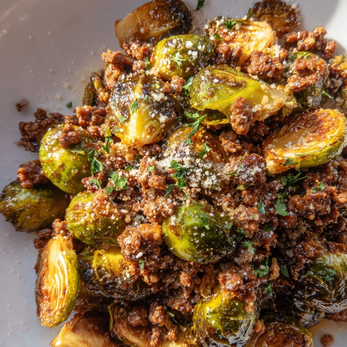 Golden skillet ground beef and Brussels sprouts with caramelized edges and savory seasonings