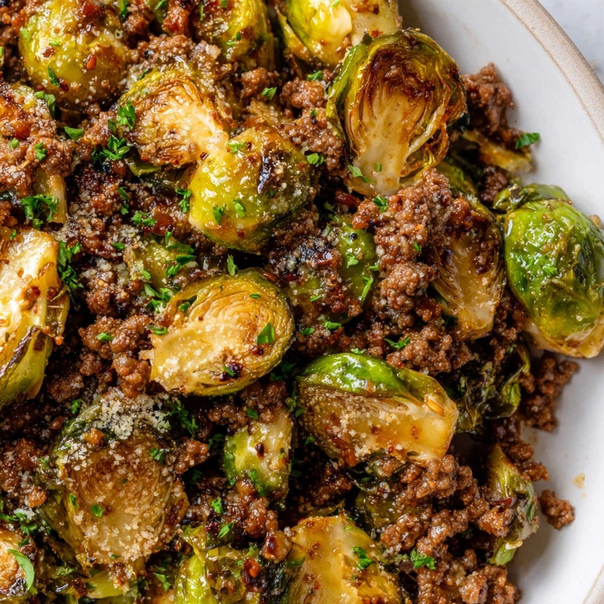 Ground beef Brussels sprouts recipe served in cast iron with fresh parsley garnish