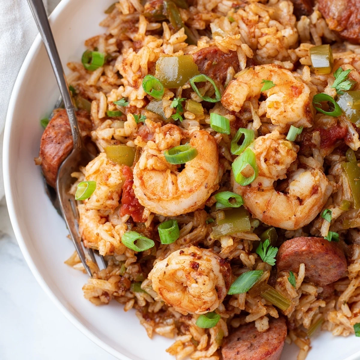 Golden shrimp and sausage dirty rice topped with fresh green onions in cast iron skillet