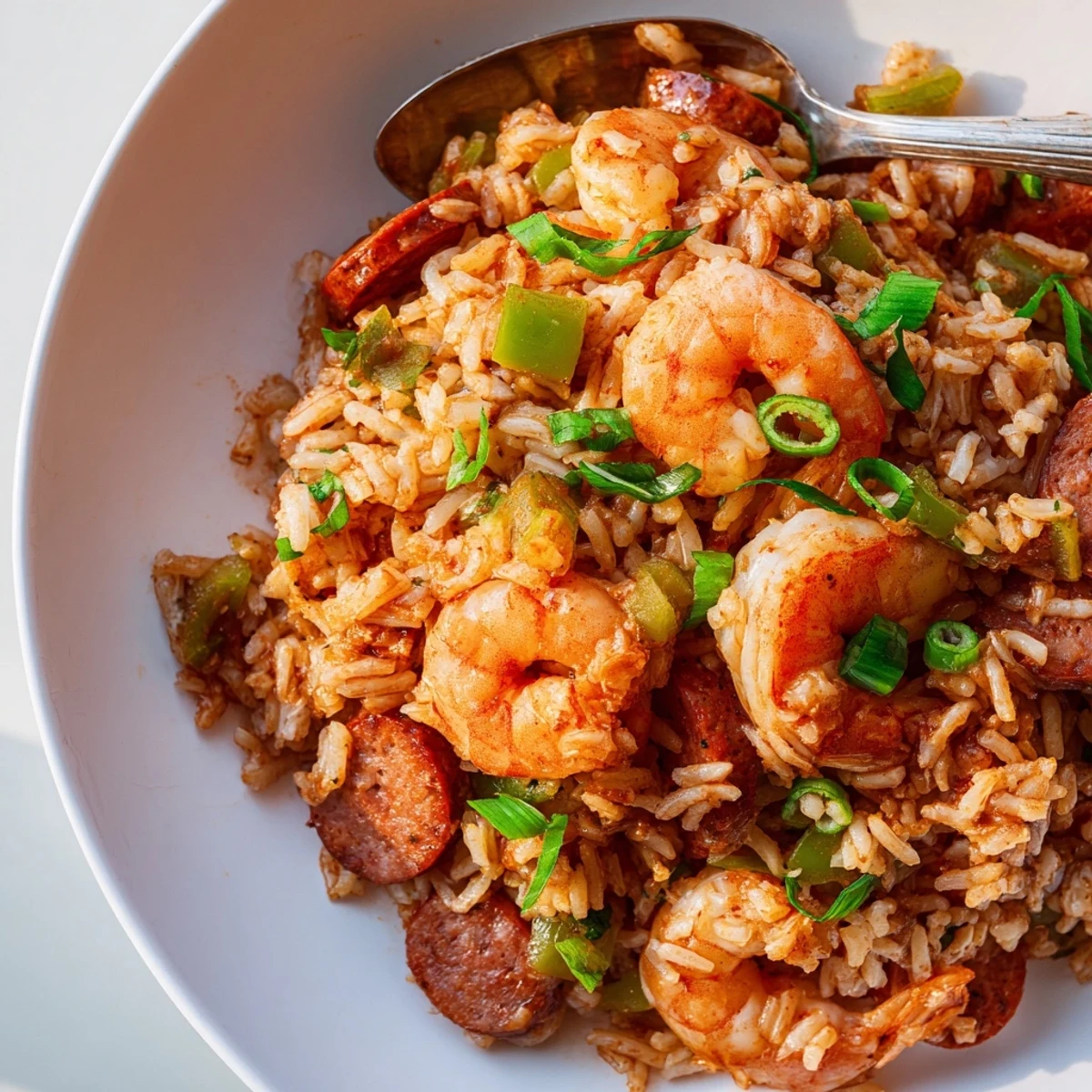Spicy shrimp and sausage dirty rice steaming in rustic pan with colorful bell peppers