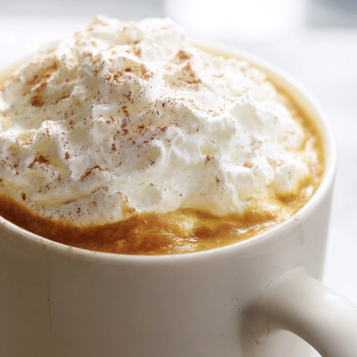 Steaming mug of homemade pumpkin spice latte with frothy milk foam