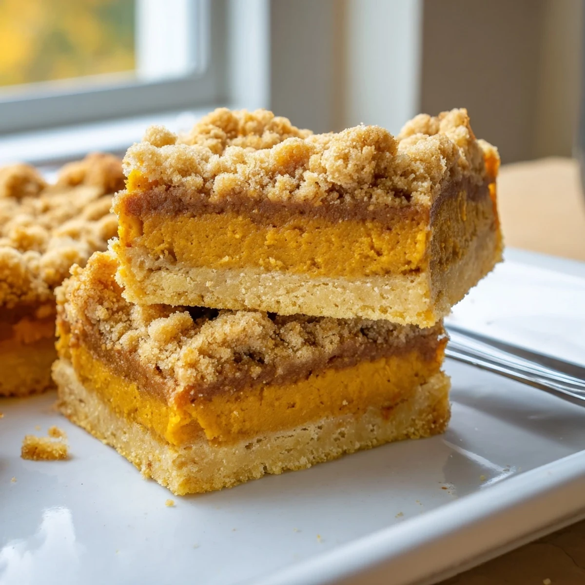 Golden Brown Sugar Maple Pumpkin Butter Bars with a crumbly streusel topping on a rustic baking sheet
