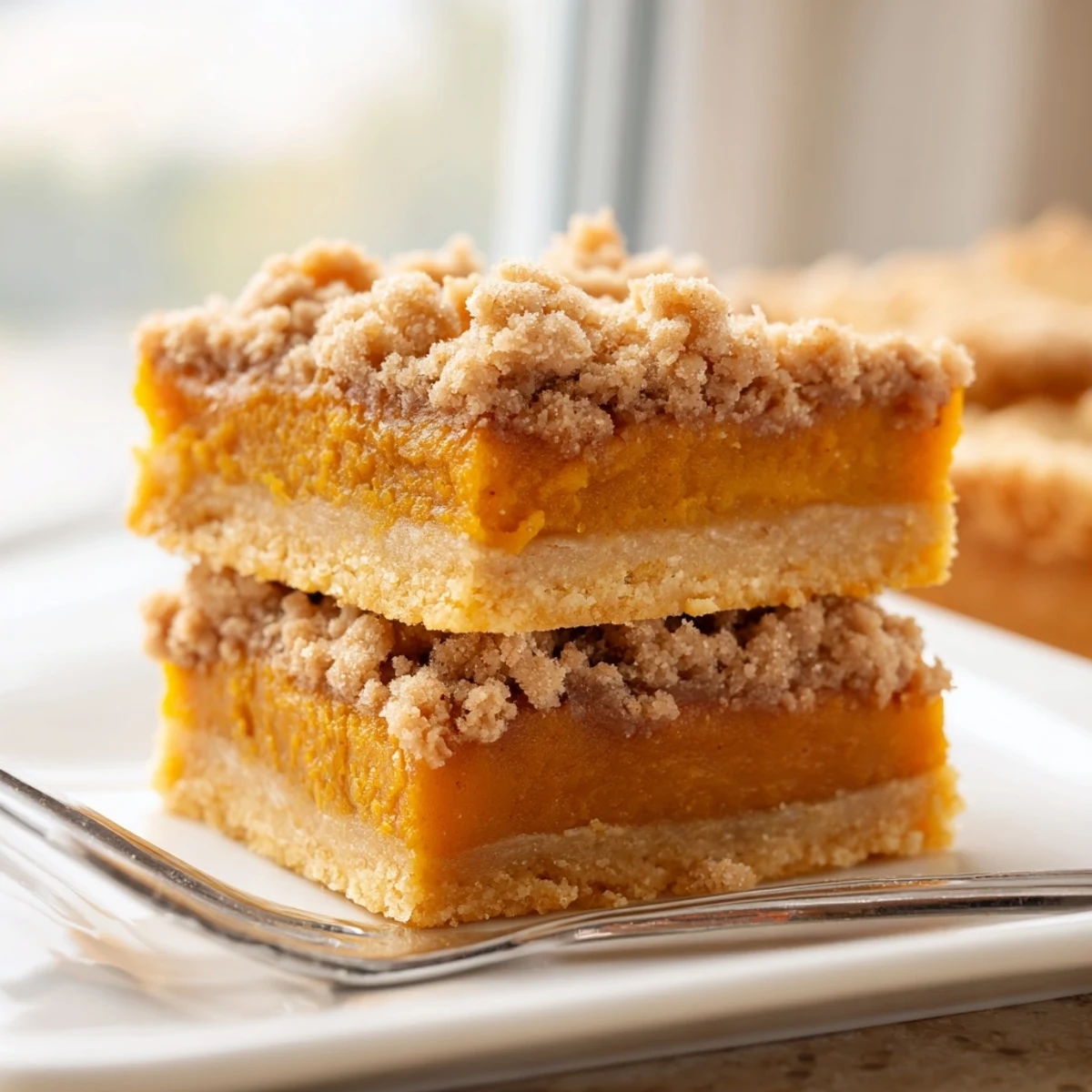 Creamy Brown Sugar Maple Pumpkin Butter Bars sliced into neat squares beside a steaming mug of coffee
