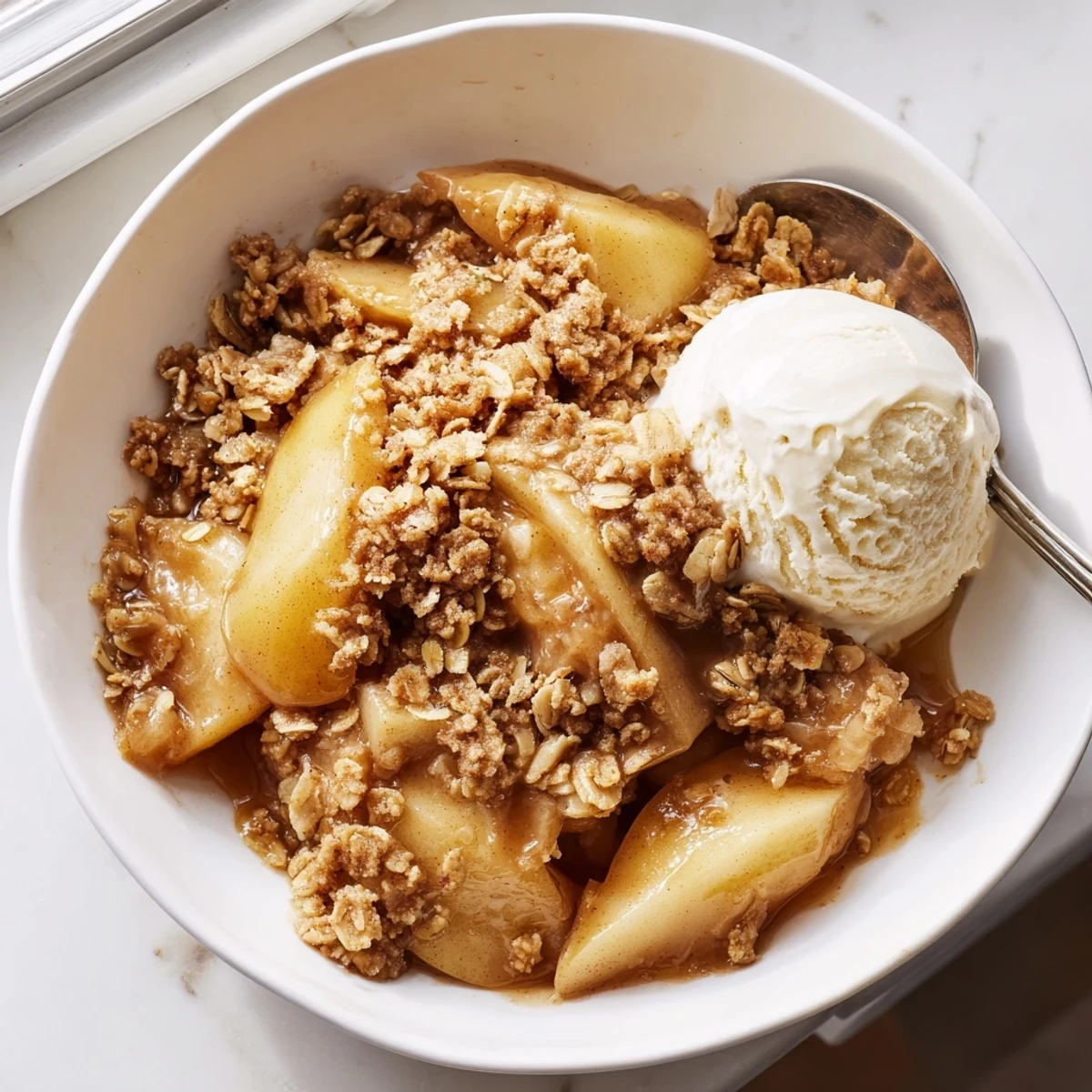 Warm crockpot apple crisp with golden oat topping served in a rustic bowl
