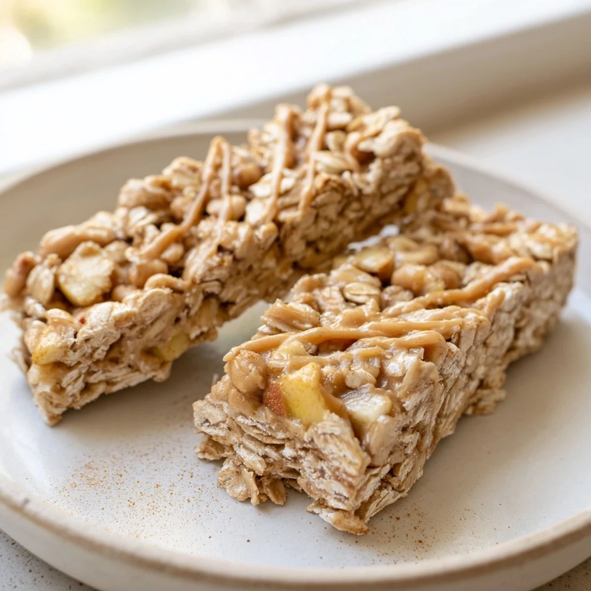 Chewy no bake apple peanut butter granola bars topped with visible apple chunks and oats