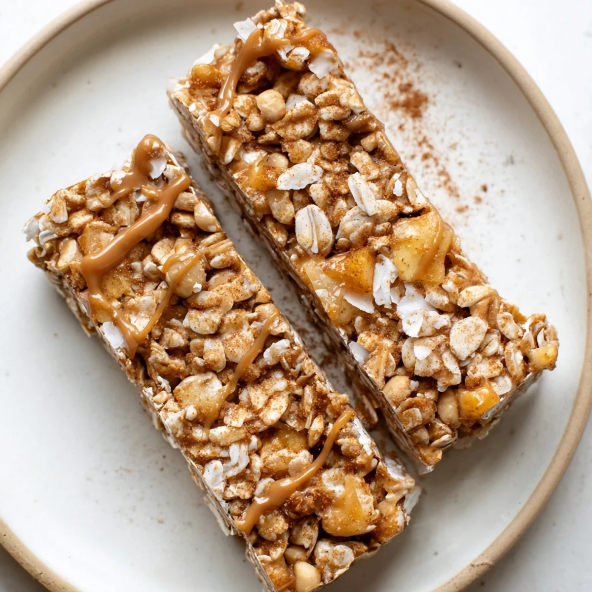 Thick slices of no bake apple peanut butter granola bars drizzled with extra honey