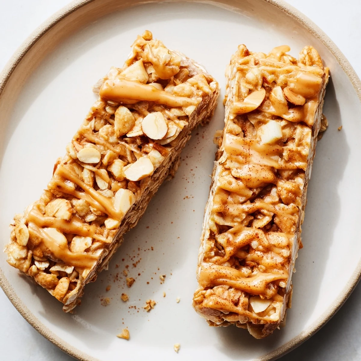 Golden no bake apple peanut butter granola bars cut into squares on a rustic cutting board