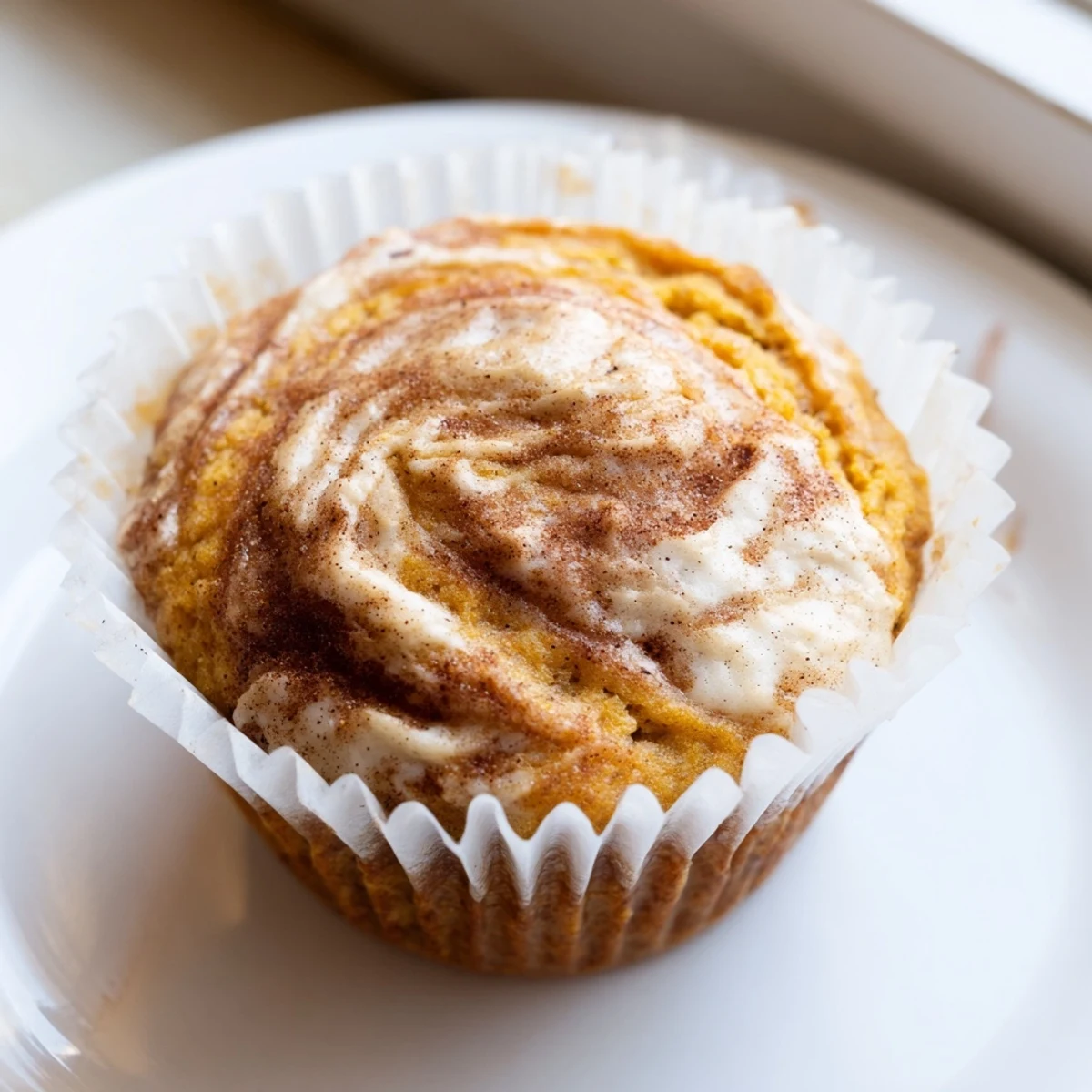 Moist chai pumpkin cheesecake muffins topped with a cinnamon cardamom swirl