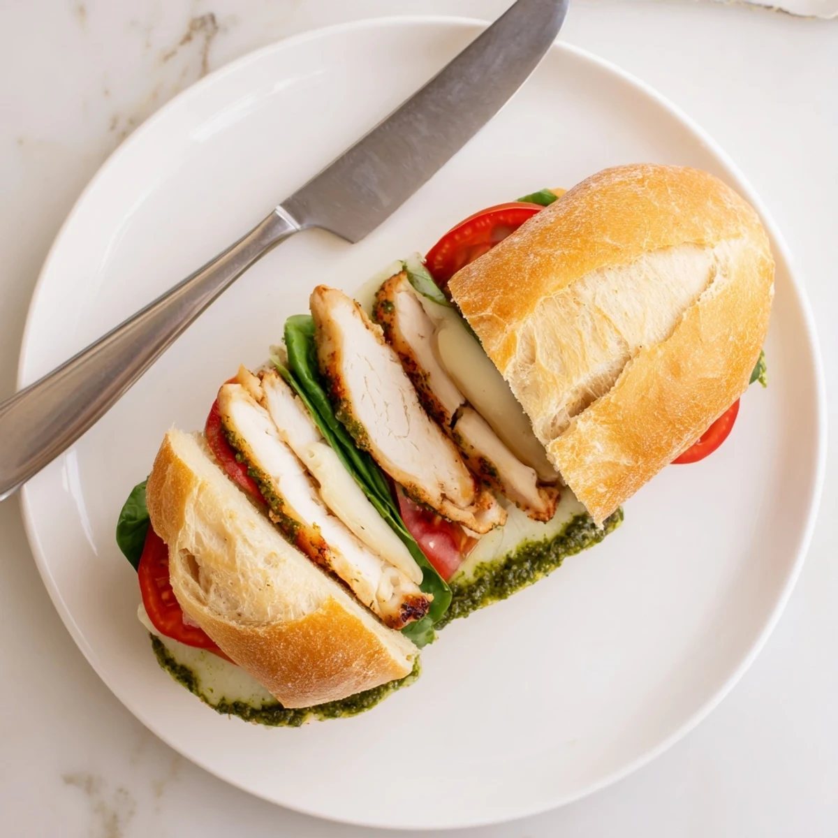 Warm chicken pesto sandwich on toasted ciabatta with melted mozzarella and fresh tomato slices