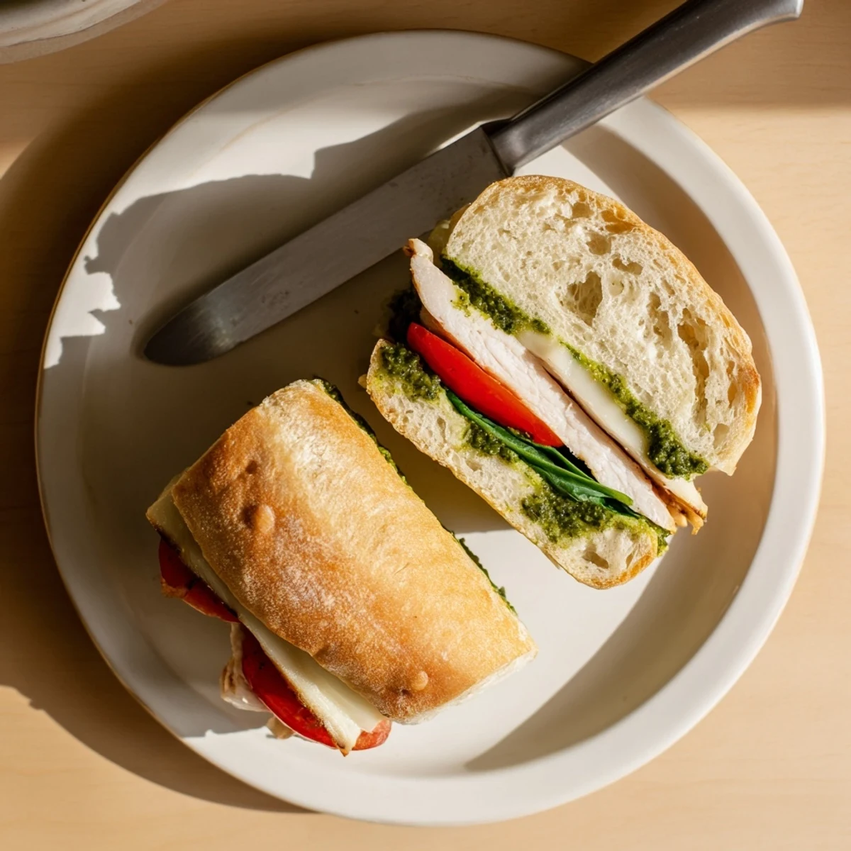 Juicy grilled chicken pesto sandwich recipe layered with peppery arugula and gooey cheese on a golden roll