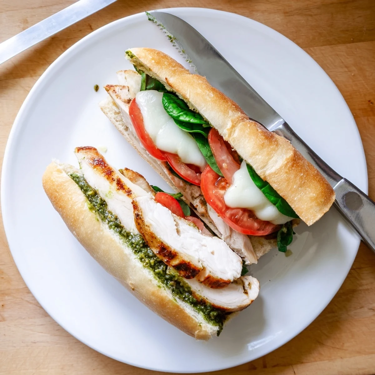 Sliced chicken pesto sandwich served open-faced with basil spread, red tomato, and melted mozzarella