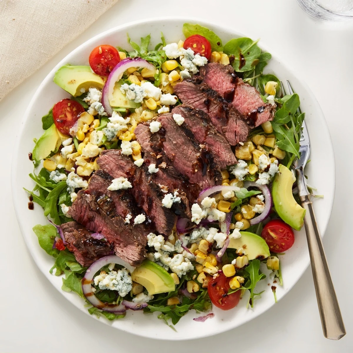 Juicy grilled steak and crumbled Gorgonzola atop fresh greens in this balsamic steak Gorgonzola salad with grilled corn