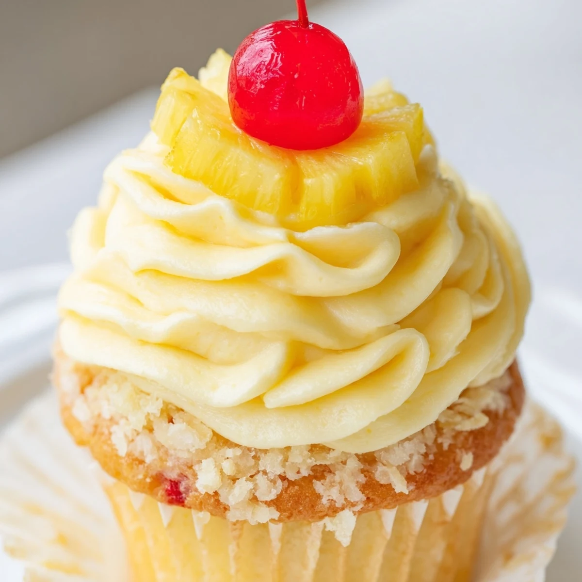 Golden Dole Whip Cupcakes topped with fluffy pineapple whipped frosting and a cherry garnish
